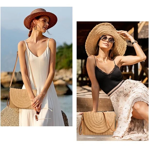 Summer straw style cross body woven bag with pom poms - Beige/tan - Picture 3 of 7